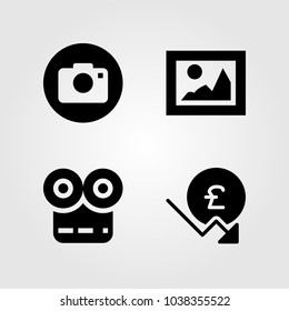 Buttons icons set. Vector illustration picture, pound sterling, movie player and photo camera