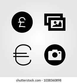 Buttons icons set. Vector illustration picture, pound sterling, euro and photo camera