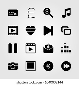 Buttons icons set. Vector illustration heart, photo, sound bars and money