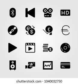 Buttons icons set. Vector illustration record, euro, hd and analytics