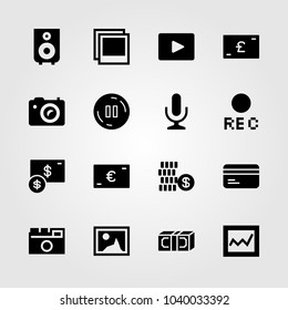 Buttons icons set. Vector illustration money, picture, analytics and photo camera