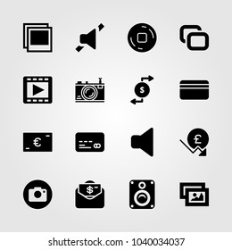 Buttons icons set. Vector illustration photo camera, stop, speaker and photo