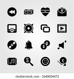 Buttons icons set. Vector illustration heart, alarm, button and copy
