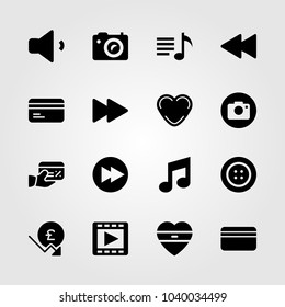 Buttons icons set. Vector illustration musical note, movie player, volume and heart