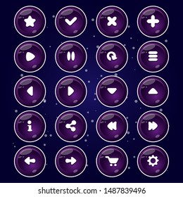 Buttons with icons (user, information, play, replay, pause, arrows, exit, options, download, sound) for the interface design of mobile and PC games and applications (UI).