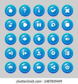 Buttons with icons (user, information, play, replay, pause, arrows, exit, options, download, sound) for the interface design of mobile and PC games and applications (UI).