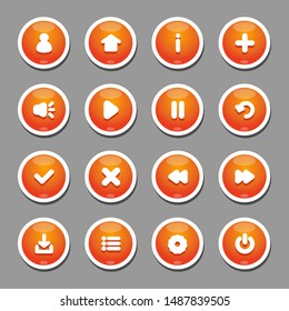 Buttons with icons (user, information, play, replay, pause, arrows, exit, options, download, sound) for the interface design of mobile and PC games and applications (UI).