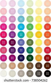 Buttons Illustration, rainbow colors, 4 holes, sewing icon, round, pink, purple, blue, green, yellow, orange, red, brown. grey, black, white, aqua, lilac, circle, collection, textile, craft, fashion