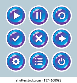 Buttons for the interface of mobile applications and games with icons to play, replay, options, exit.