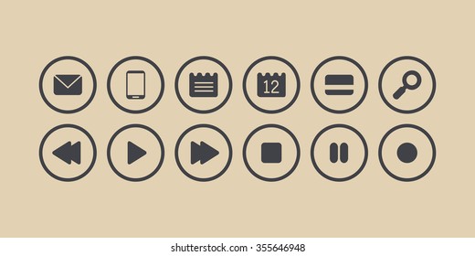  Buttons isolated vector set. Message, sms, phone, note, calendar, credit card, lens,  play, stop, rewind, forward, pause, record grey icons in circles