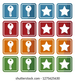 Buttons with key icon and star icon. Vector illustration isolated on white background. (4 colors)