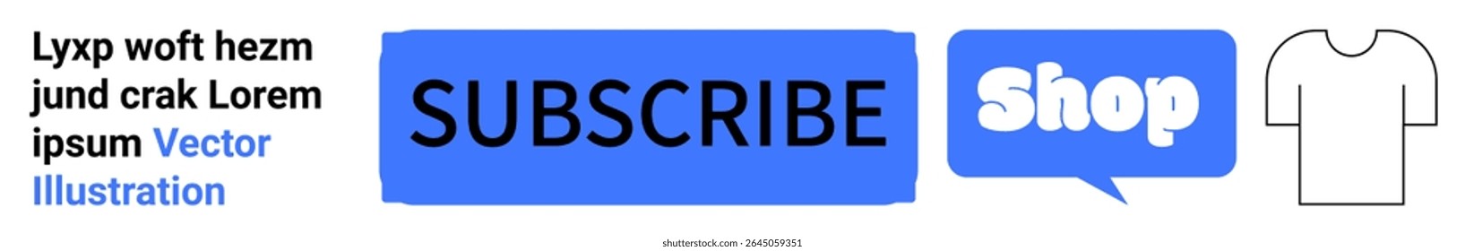 Buttons labeled Subscribe and Shop in blue accompanied by a T-shirt icon and placeholder text on the left. Ideal for online shopping, e-commerce, call-to-action, digital marketing, and web design