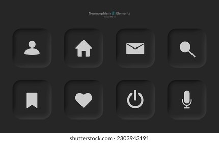 Botones para dispositivos móviles al estilo neumorfismo, UI, UX. Conjunto de elementos de interfaz de usuario para una aplicación móvil en negro con elementos grises. EPS vectorial 10.