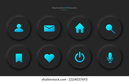 Botones para dispositivos móviles al estilo neumorfismo, UI, UX. Conjunto de elementos de interfaz de usuario para una aplicación móvil en negro con elementos azules. EPS vectorial 10.