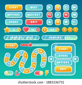 Buttons For Mobile User Game Ui Interface Vector Illustration Set. Cartoon Navigation App Menu Elements, Glossy Buttons To Play Video Game, Progress Bar, Arrow And Window Gui Design In Different Color