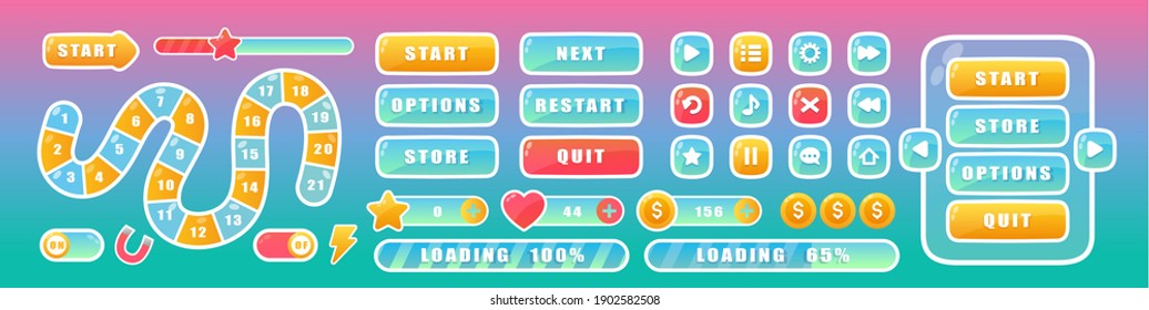 Buttons for mobile user game ui interface in pink and blue colours. Cartoon navigation app menu elements, glossy buttons to play video game, progress bar, arrow and window gui design