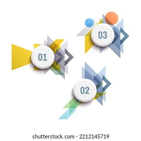 Buttons with numbers on the background of different transparent overlapping shapes. Abstract art composition. Geometrical design. 3D vector for presentation, poster, cover or brochure. 