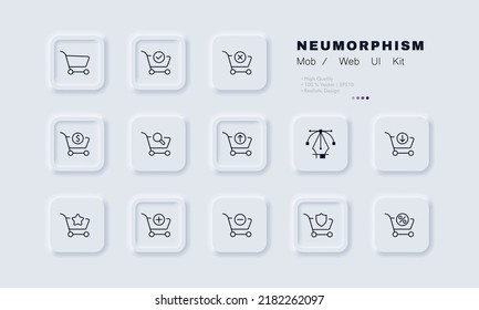 Botones para tienda online con el icono de juego de carritos de la compra. Porcentaje, escudo, más, menos, añadir, quitar, estrella, flecha, lupa, dólar, cruz, garrapata. Concepto de venta. Neomorfismo. Icono de línea de vector para empresas.