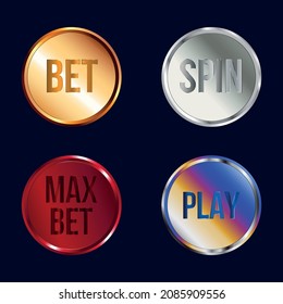Buttons for online-casino slot machine. Bet, spin, max bet, play, Golden, silver, metallic buttons for play in online-casino.