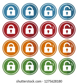 Buttons with open lock icon and closed lock icon. Vector illustration isolated on white background. (4 colors)
