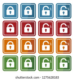 Buttons with open lock icon and closed lock icon. Vector illustration isolated on white background. (4 colors)
