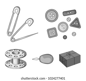 Buttons, pins, coil and thread.Sewing or tailoring tools set collection icons in monochrome style vector symbol stock illustration web.