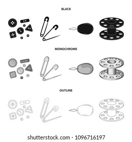 Buttons, pins, coil and thread.Sewing or tailoring tools set collection icons in black,monochrome,outline style vector symbol stock illustration web.