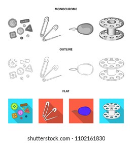 Buttons, pins, coil and thread.Sewing or tailoring tools set collection icons in flat,outline,monochrome style vector symbol stock illustration web.
