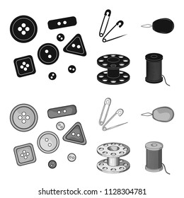 Buttons, pins, coil and thread.Sewing or tailoring tools set collection icons in black,monochrome style vector symbol stock illustration web.
