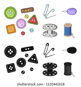 Buttons, pins, coil and thread.Sewing or tailoring tools set collection icons in cartoon,black style vector symbol stock illustration web.