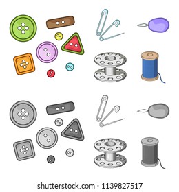 Buttons, pins, coil and thread.Sewing or tailoring tools set collection icons in cartoon,monochrome style vector symbol stock illustration web.