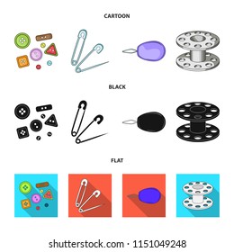 Buttons, pins, coil and thread.Sewing or tailoring tools set collection icons in cartoon,black,flat style vector symbol stock illustration web.
