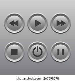 Buttons for player: play, stop, pause, fast forward, rewind, power. Vector illustration.