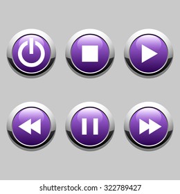 Buttons for player: stop, play, pause, rewind, fast forward, power. Vector illustration.