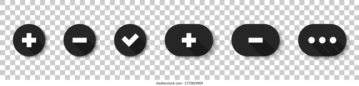 Buttons. Plus minus check mark with dotted, isolated. Signs collection in circle and oval with shadow in flat design. Vector illustration