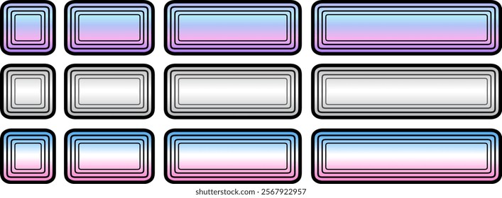 Buttons with rainbow iridescent gradient, square and rectangular shapes collection, interesting navigation panel for website with shiny holographic buttons, editable vector illustration.
