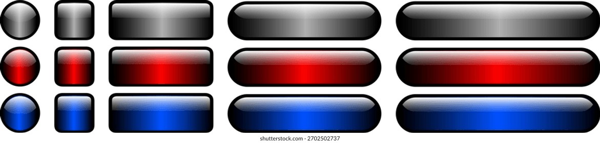 Botones rojo azul y gris aislados, Botones multicolores con un gradiente en el interior, Ilustración vectorial 3D.