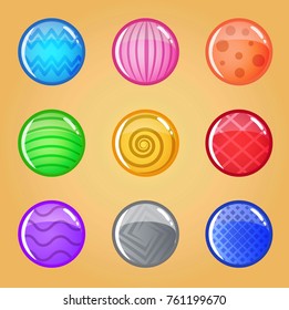 Buttons round glossy jelly in different color. 2d asset for user interface GUI in mobile application or casual video game. Vector for web or game design. Decorative GUI elements, Cartoon colorful icon