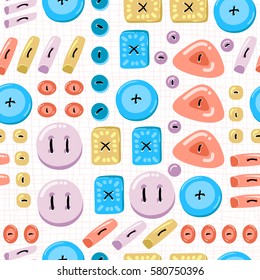 Buttons seamless pattern. Background with buttons sewn to the fabric. Vector illustration on a theme of sewing and crafts