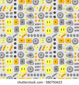 Buttons seamless pattern. Background with buttons sewn to the fabric. Vector illustration on a theme of sewing and crafts