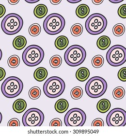 Buttons. Seamless pattern with hand-drawn cartoon sewing tools. Doodle drawing. Vector illustration.