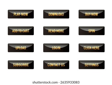 Buttons set. Black buttons with yellow letters. Vector button