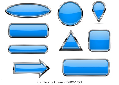 Buttons set. Blue shiny 3d icons. Vector illustration isolated on white background