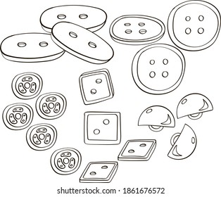Buttons set on white background. Freehand outline black and white illustration.
