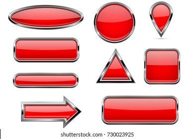 Buttons set. Red shiny 3d icons. Vector illustration isolated on white background