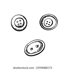 Botões definidos. Item de costura redonda com quatro e dois furos. Artesanato de passatempo e objeto de costura. Ilustração de desenho de mão vetor de contorno preto para blog feito à mão, etiqueta do produto. Isolado do plano de fundo