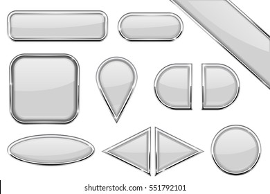 Boutons. Ensemble d'icônes en verre blanc avec cadre métallique. Image vectorielle illustration 3d isolée sur fond blanc.