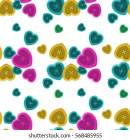 Buttons sewing silhouette set seamless pattern with hearts vintage style shirt clothing vector illustration with colorful object