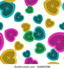 Buttons sewing silhouette set seamless pattern with hearts vintage style shirt clothing vector illustration with colorful object