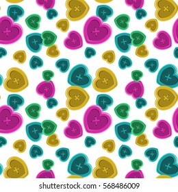 Buttons sewing silhouette set seamless pattern with hearts vintage style shirt clothing vector illustration with colorful object